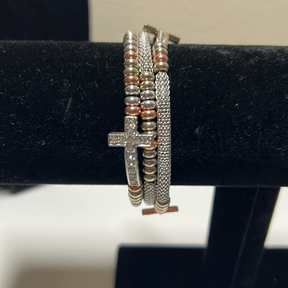 2/$10 Silver and bronze embellished stretch cross bracelet